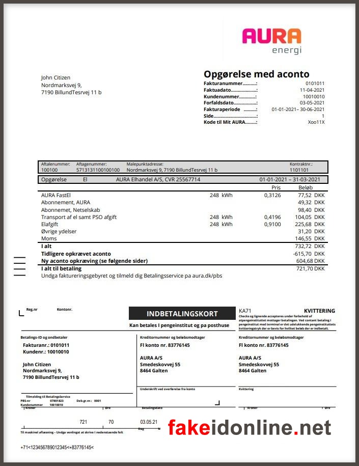 Denmark Utility Bill PSD Template - Denmark Proof of Address